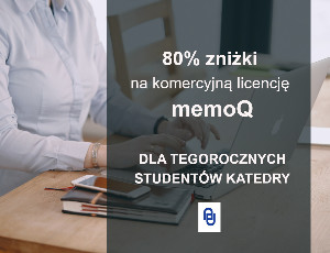 W tle kobieta przy laptopie oraz informacja o 80% zniżki na zakup memoQ